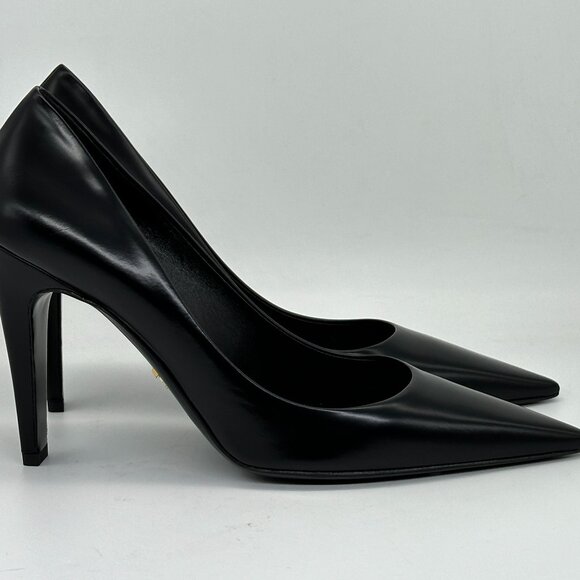PRADA Triangle Show Leather Pointed Toe Pumps Heels Shoes Black - Picture 7 of 15